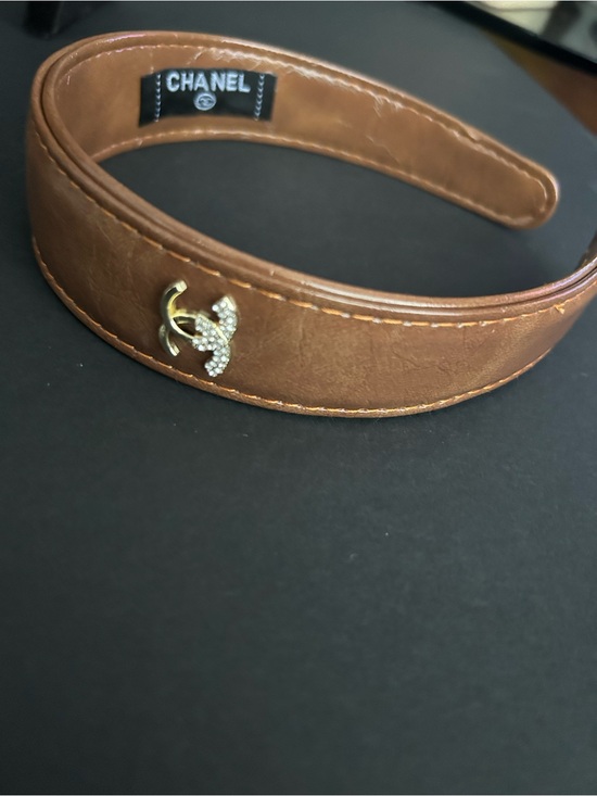 Brown Leather Headband with Pearl-Embellished CC Accent main image 6